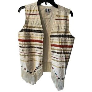 HG NY Vest Womens Sz L Fringe Ribbon Velvet Floral Cotton Boho Festival Hipster